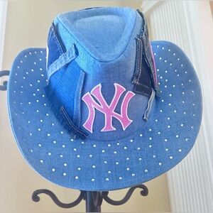 Upcycled NY pink Logo Blue patchwork denim Cowboy Hat with studded Accent